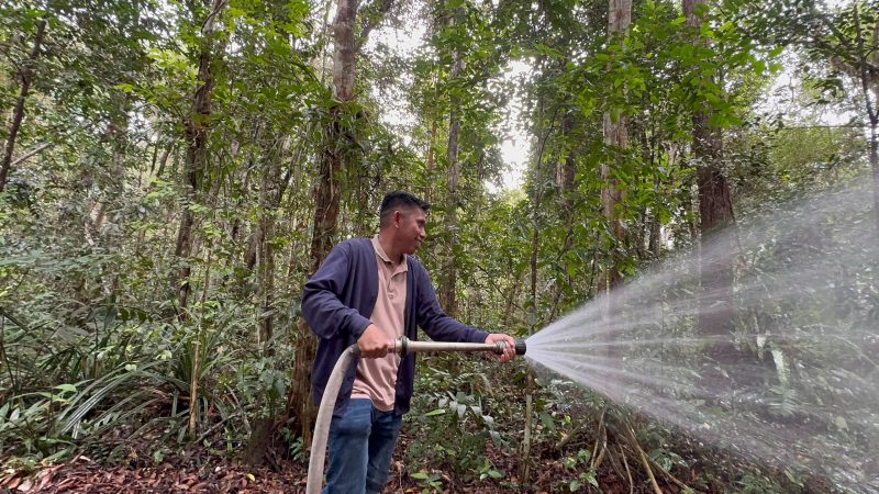Yudi Mahtuni selaku Assistant Manager Keuangan dan Umum PLN UPT Palangkaraya, melakukan uji fungsi fasilitas sumur bor dalam monitoring program mitigasi karhutla di kawasan Jumpun Pambelom, Kalimantan Tengah, (29/8).