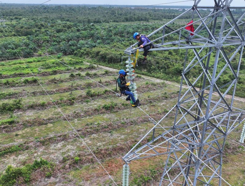 Petugas PLN ULTG Palangkaraya melakukan pekerjaan pembersihan sarang burung pada menara transmisi Tower 100 Line 2 Palangkaraya–Kasongan. Dengan perlengkapan keselamatan lengkap, para petugas bekerja di ketinggian untuk menjaga keandalan pasokan listrik di Kalimantan Tengah. (Foto: Istimewa)