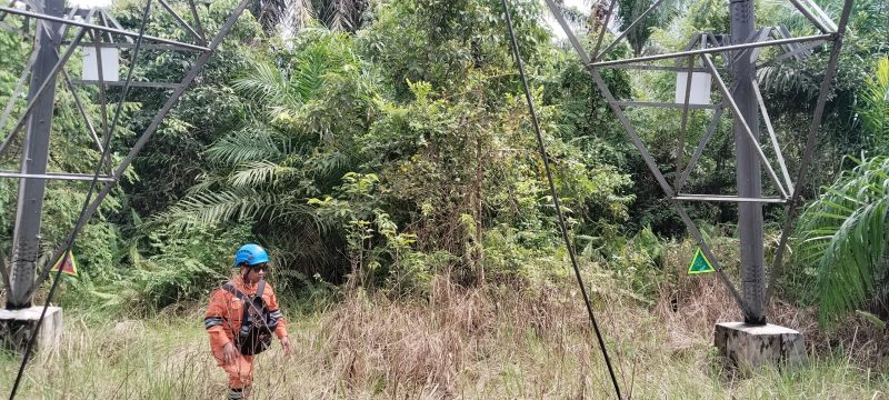 Petugas PLN ULTG Barabai melakukan patroli jalur transmisi 150kV Tanjung – Komam 2 di Barabai, Kalimantan Selatan, Senin (13/04), untuk menelusuri titik gangguan pasca cuaca ekstrem. (Foto: Istimewa)