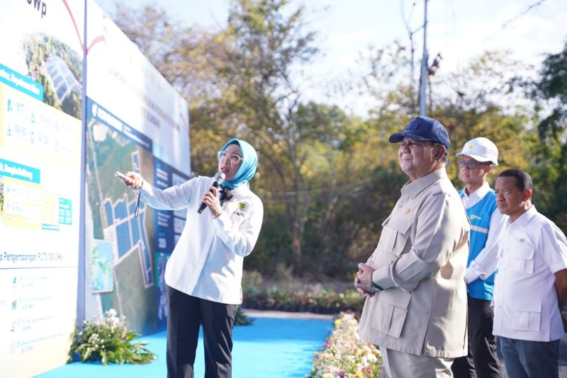 Presiden Republik Indonesia, Prabowo Subianto (ketiga dari kanan) didampingi Menteri ESDM, Bahlil Lahadalia (kanan), dan Direktur Utama PLN, Darmawan Prasodjo (kedua dari kanan) saat mendengarkan pemaparan walking gallery oleh Direktur Jenderal Energi Baru, Terbarukan, dan Konservasi Energi, Eniya Listiani Dewi (kiri) dalam acara Launching & Groundbreaking Program PLTS 100 GWp pada Selasa (25/8) di Gilimanuk, Bali.